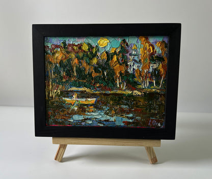Impressionist oil painting Evening boat ride by Oksana Ivanyuk in black frame