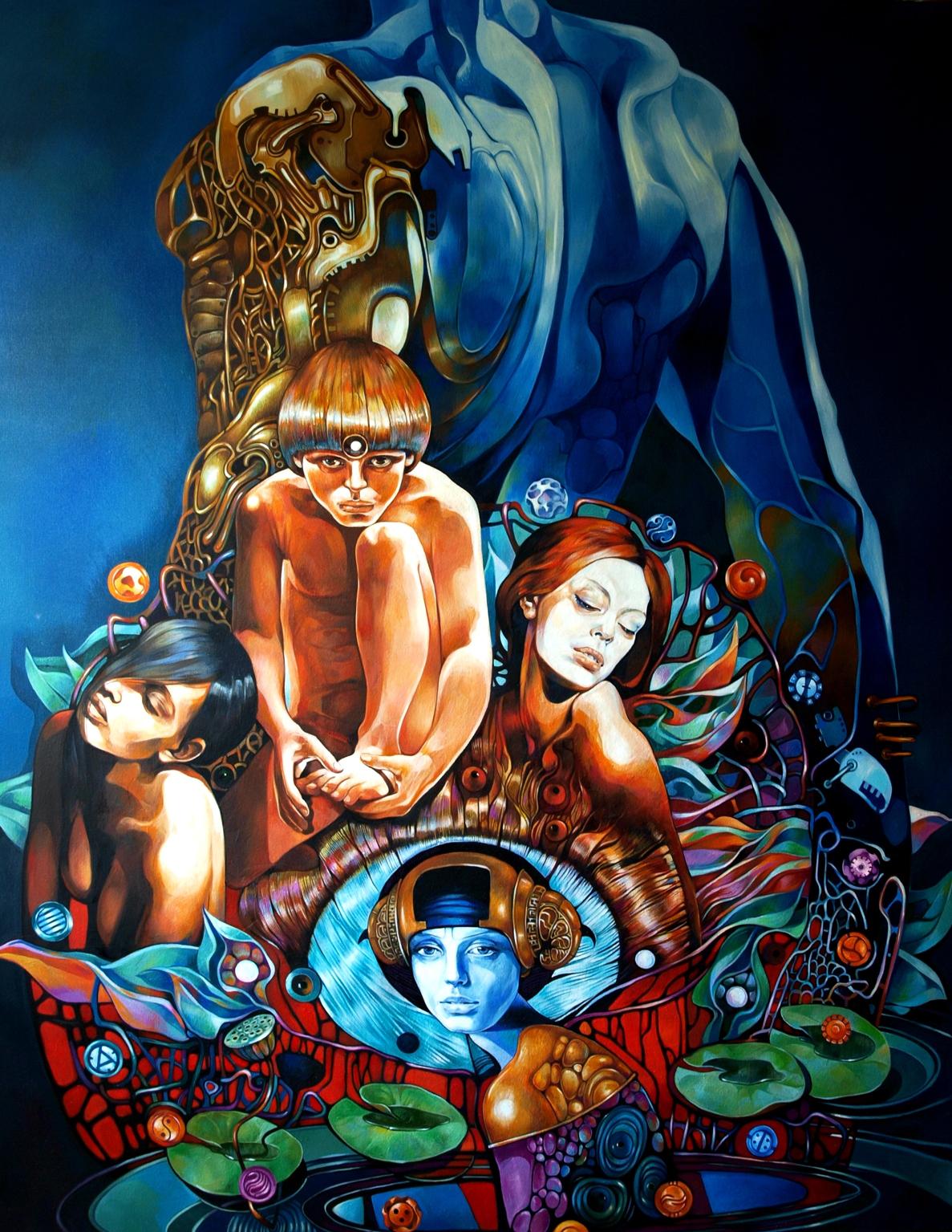 Oil painting Mirror of Consciousness by Konsta G. Amelinn, surreal blue figures