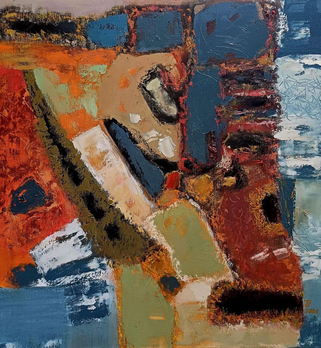 Oil painting The Copenhagen Mystery by Tatyana Shulyak in orange blue beige green