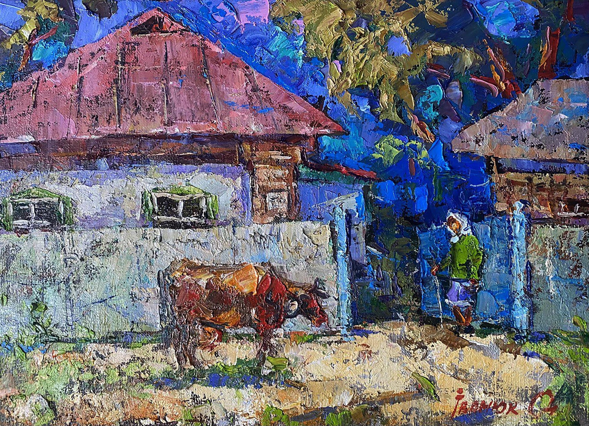 Oil painting The Evening has arrived by Oleksiy Ivanyuk: red-roofed house