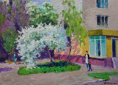 Oil painting Spring walk around the city by Boris Serdyuk, blossoming white tree