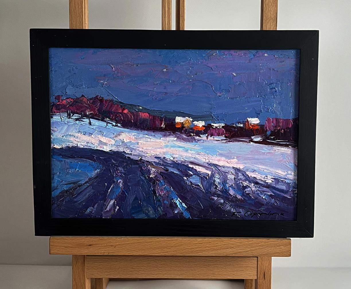 Oil painting Winter evening by Boris Serdyuk snowy twilight scene