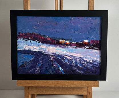 Oil painting Winter evening by Boris Serdyuk snowy twilight scene