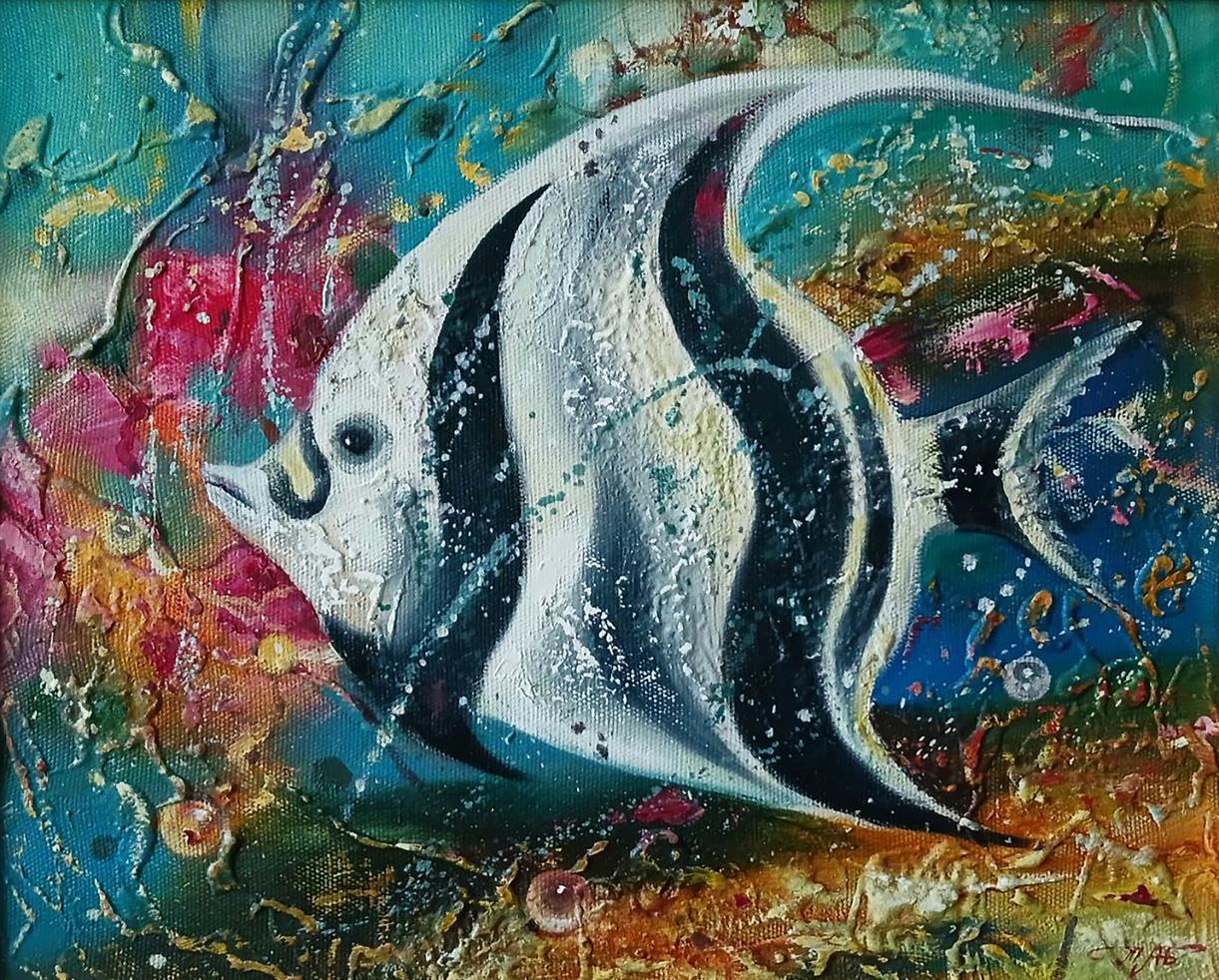 Abstract oil painting of big silver black striped angelfish by Anatoly Tarabanov