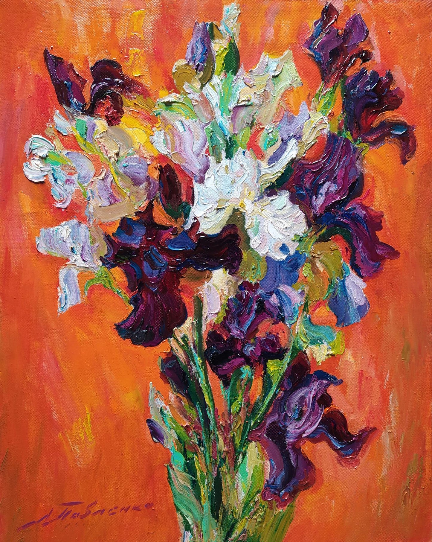 Vibrant impressionist oil painting of irises on red by Leonid Pavlenko