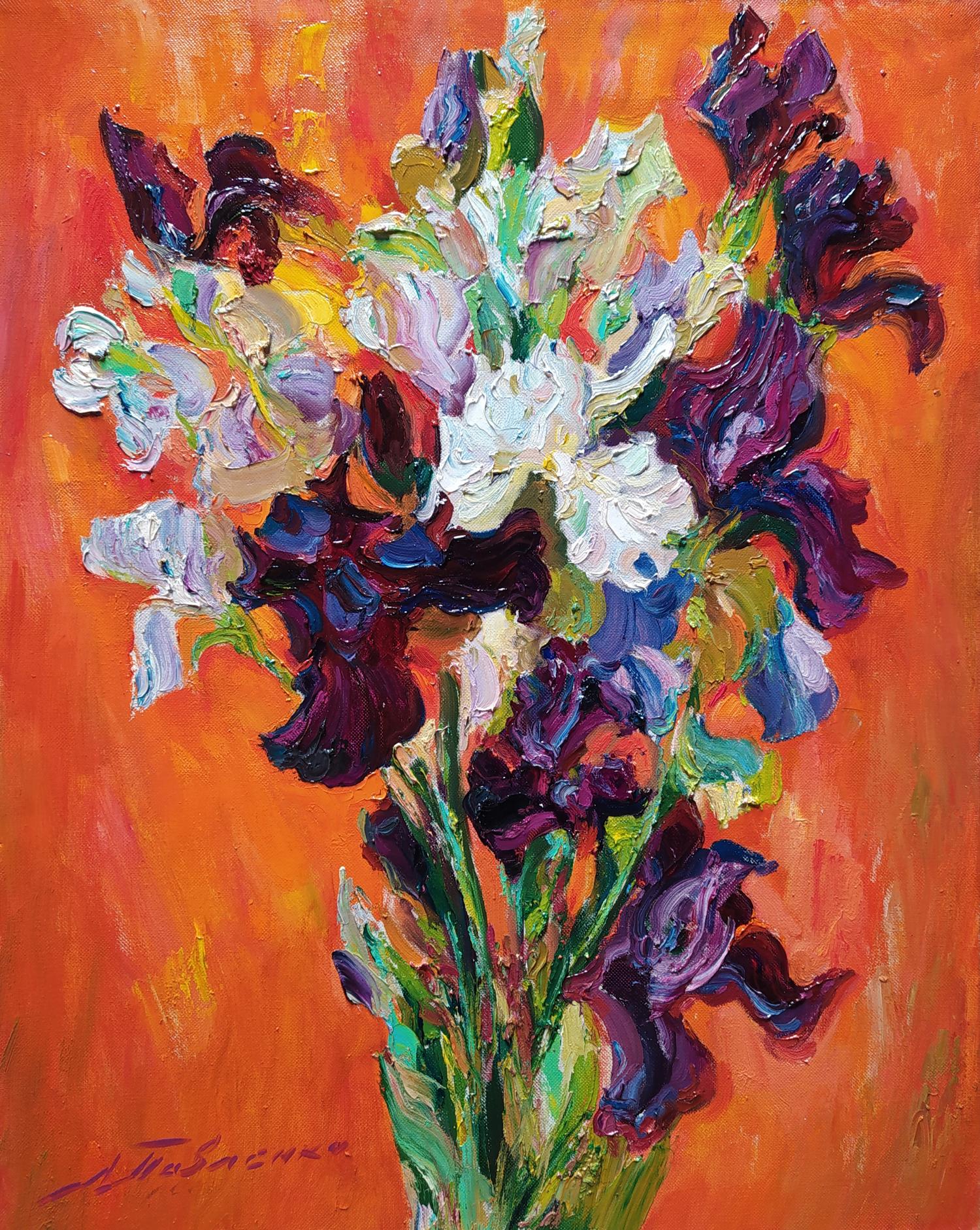 Vibrant impressionist oil painting of irises on red by Leonid Pavlenko