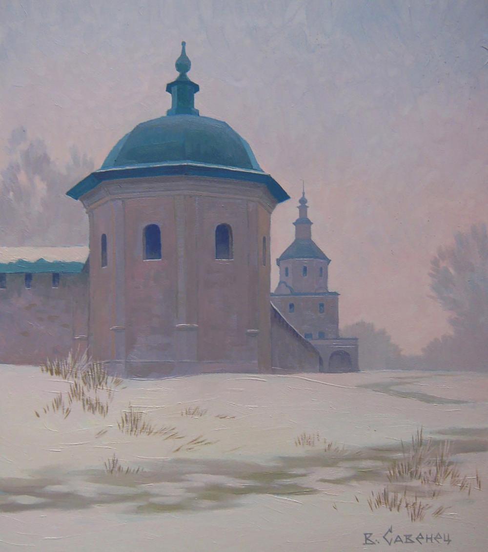Oil painting Winter Church by Valery Savenets, teal dome in misty landscape
