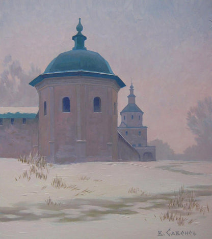 Oil painting Winter Church by Valery Savenets, teal dome in misty landscape