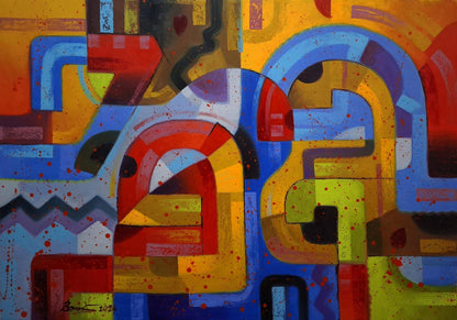 Vibrant oil painting In a Parade by Sergiy Voichenko with bold geometric shapes
