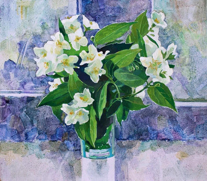 Oil painting of white jasmine bouquet in glass vase by Anastasia Yaroshevich