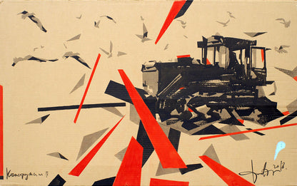 Black and red abstract bulldozer painting by Dima Filatov