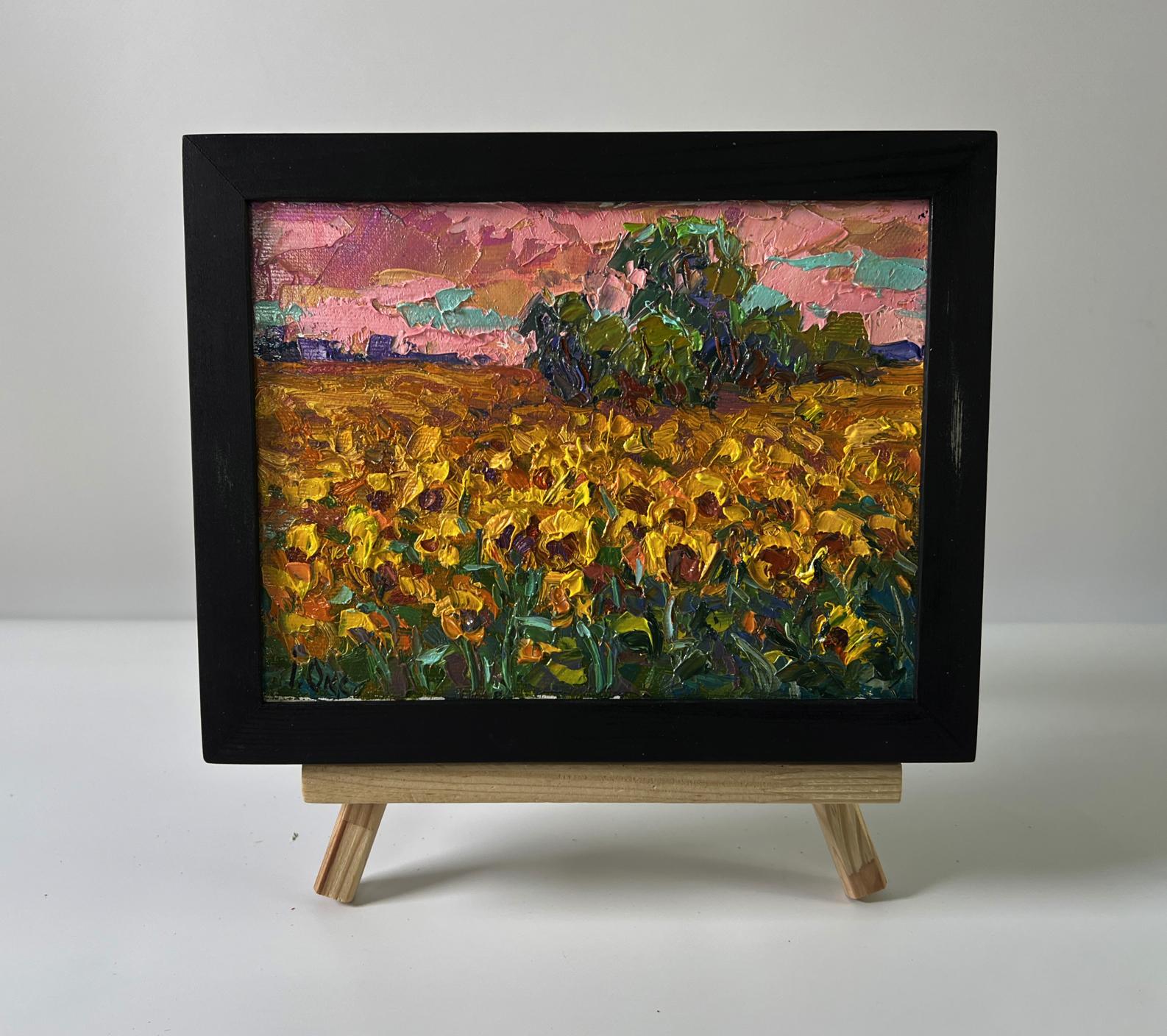 Oil painting Evening sunflowers by Oksana Ivanyuk in black frame