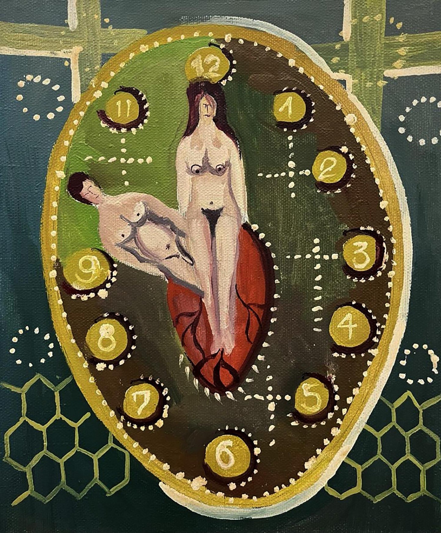 Oil painting by Eduard Emelyantsev: nude figures on oval clock face