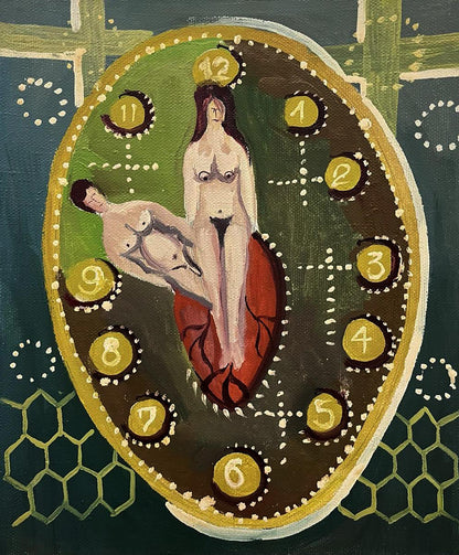Oil painting by Eduard Emelyantsev: nude figures on oval clock face
