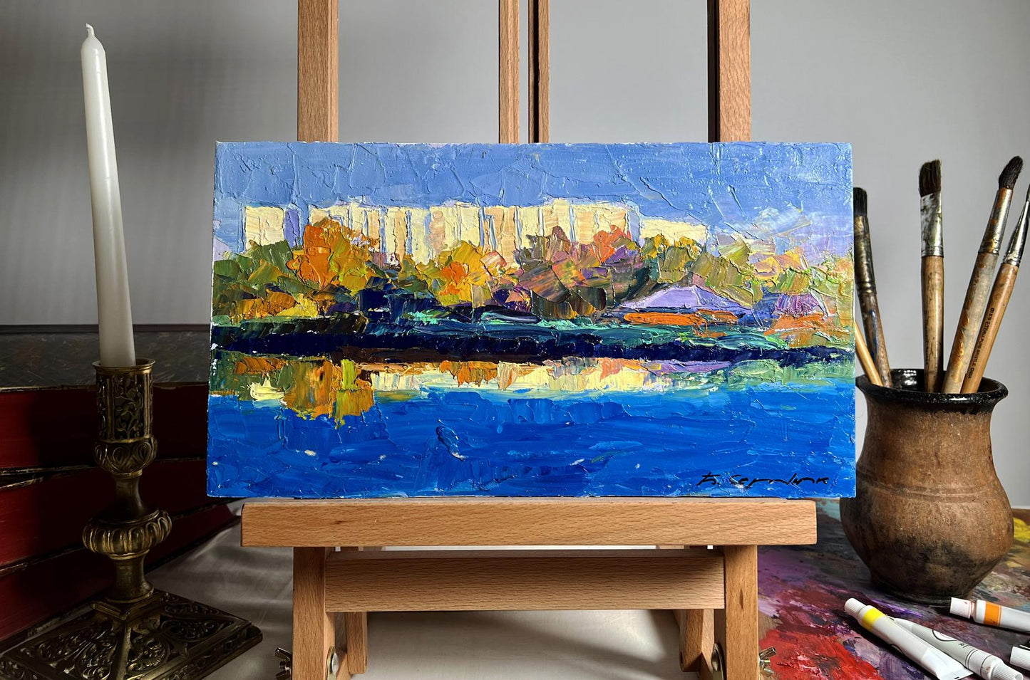 Vibrant impressionist oil painting Overlooking the city river by Boris Serdyuk