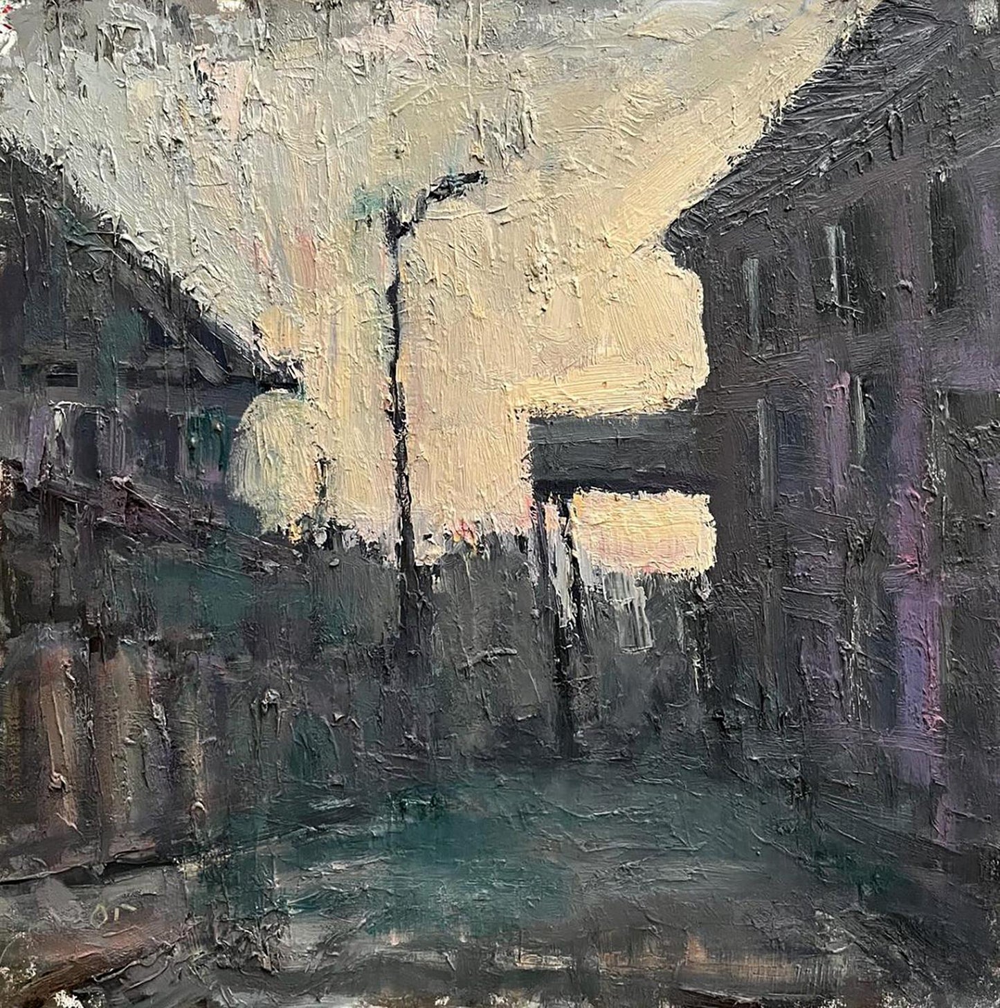 Textured oil painting by Volodymyr Pashchenko: Old town narrow alleyway
