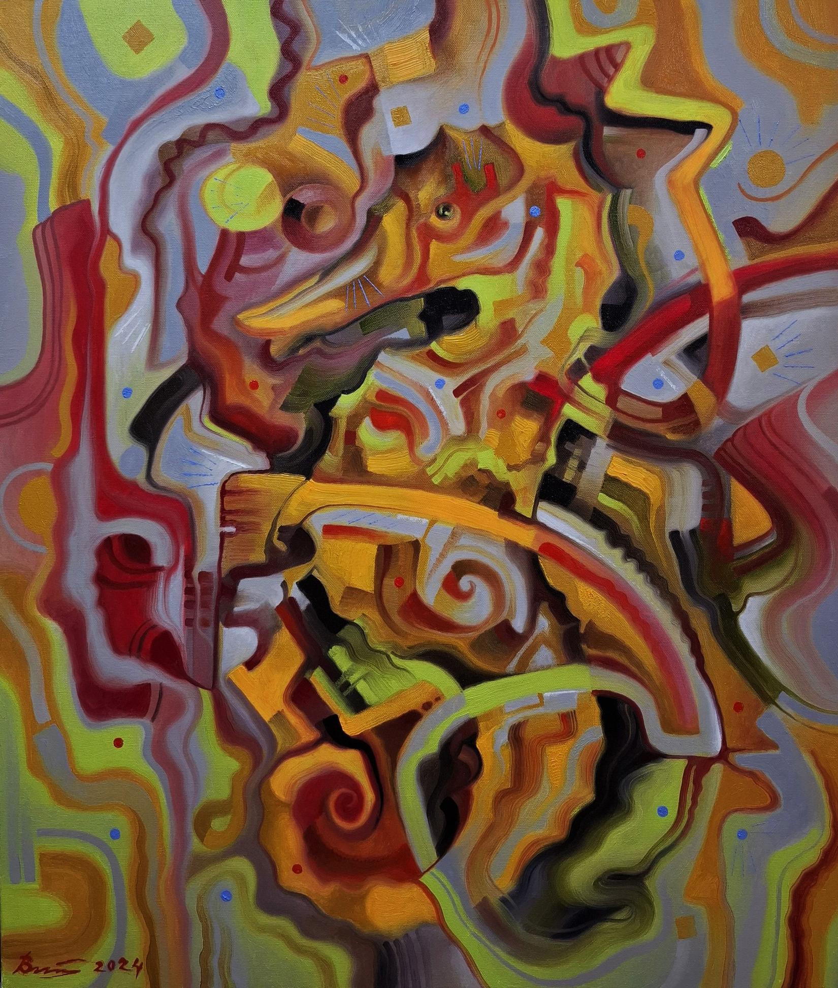Vibrant Oil painting Sea horse game by Sergiy Voichenko in yellows reds oranges