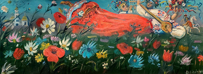 Oil painting Melody of the Steppe by Daniil Litvinov: woman in red dress amid wildflowers