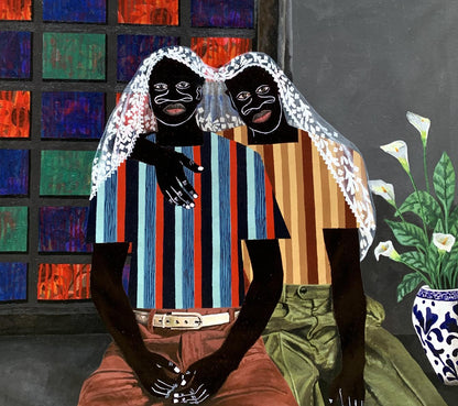 Two stylized black-skinned figures under one blanket by Akintomide Akinshola, acrylic painting