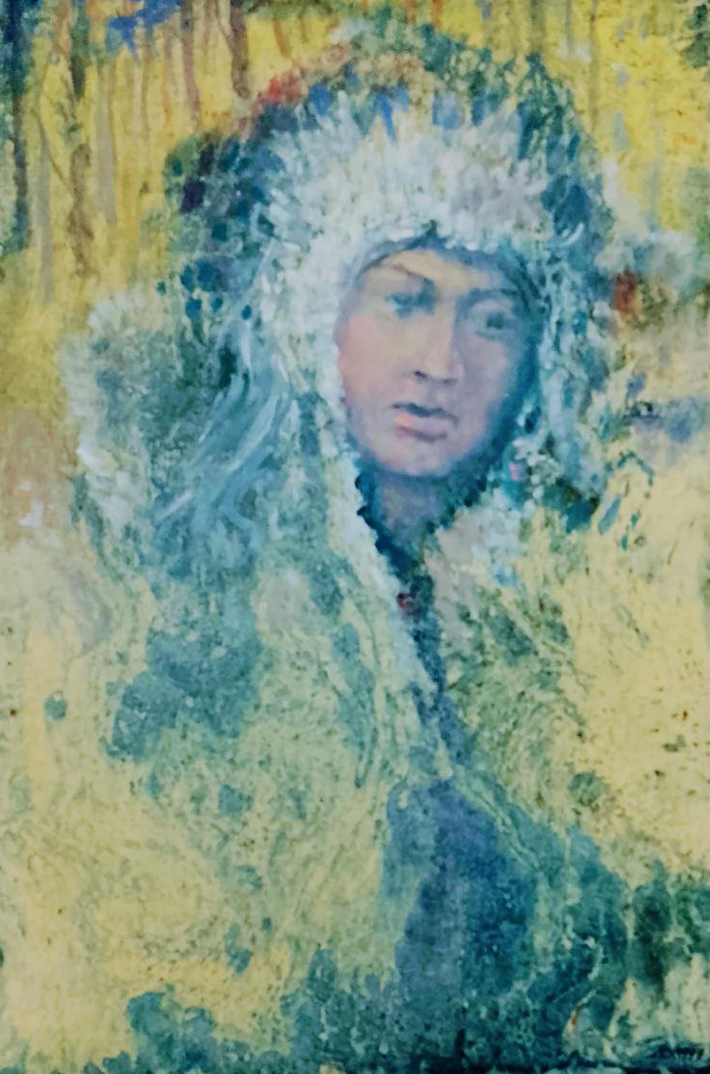 Oil painting Dreaming by Vitaly Duhnevich: textured portrait in ornate white fur headdress