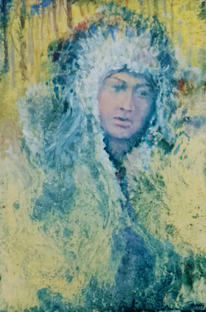 Oil painting Dreaming by Vitaly Duhnevich: textured portrait in ornate white fur headdress