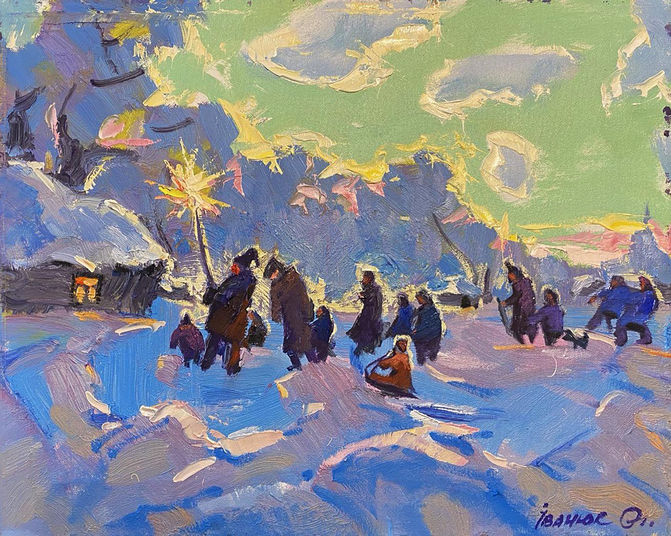 Vibrant impressionist oil painting Caroling Holiday by Oleksiy Ivanyuk snowy village scene
