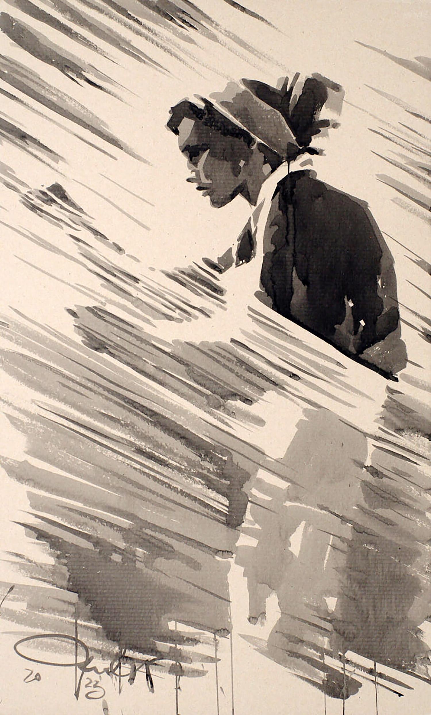 Monochromatic watercolor profile of woman in Threads of Fate by Dima Filatov