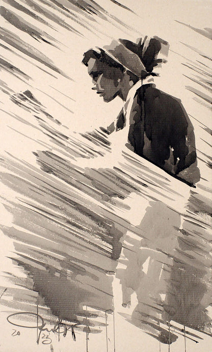Monochromatic watercolor profile of woman in Threads of Fate by Dima Filatov