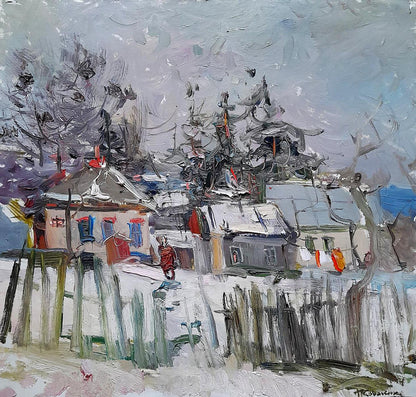 Snowy village houses with red blue accents by Ivan Kovalenko impressionist painting