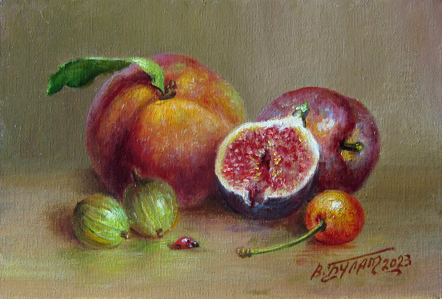 Oil painting of ripe peach and halved fig by Valeriy Bulat