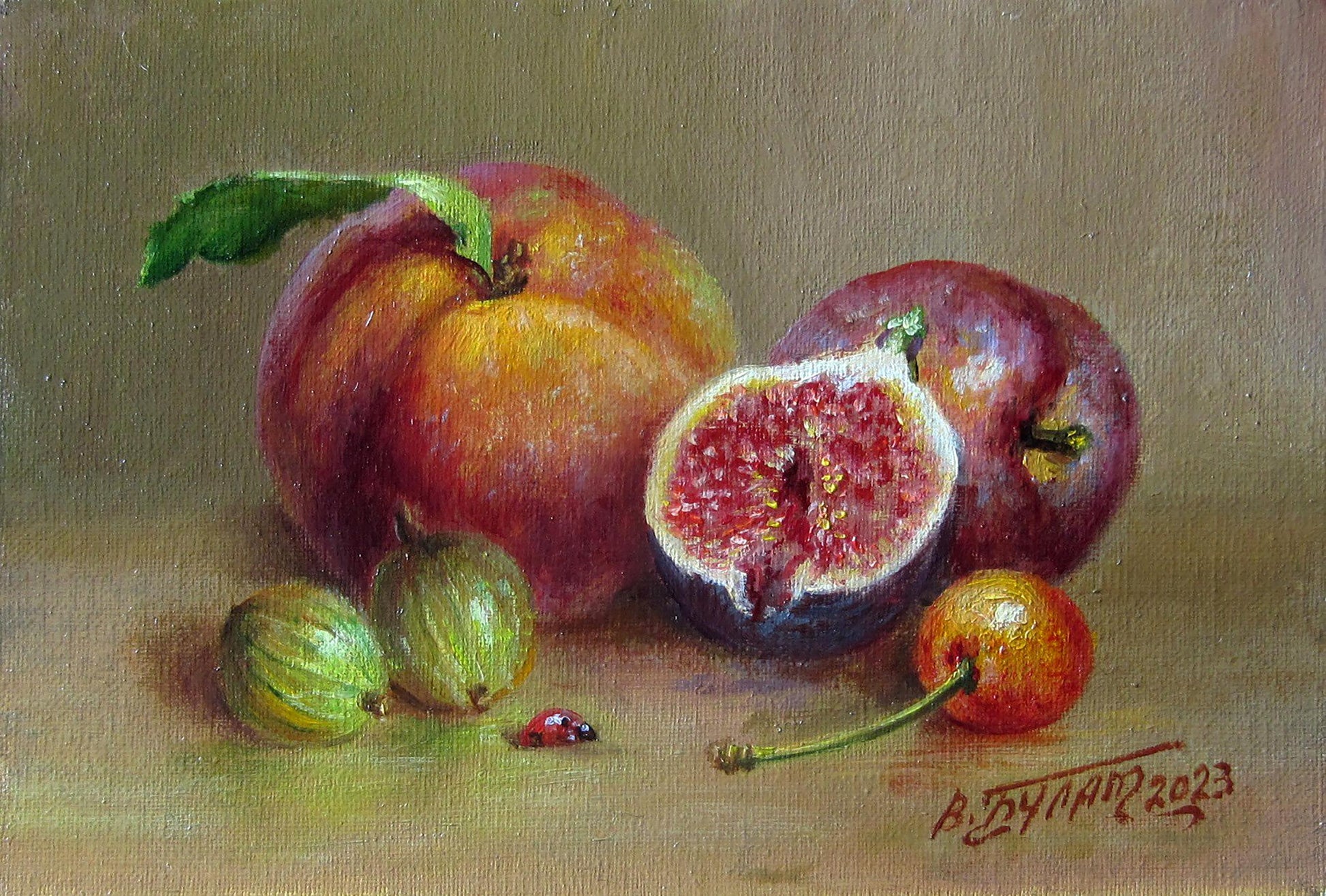 Oil painting of ripe peach and halved fig by Valeriy Bulat