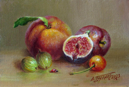 Oil painting of ripe peach and halved fig by Valeriy Bulat