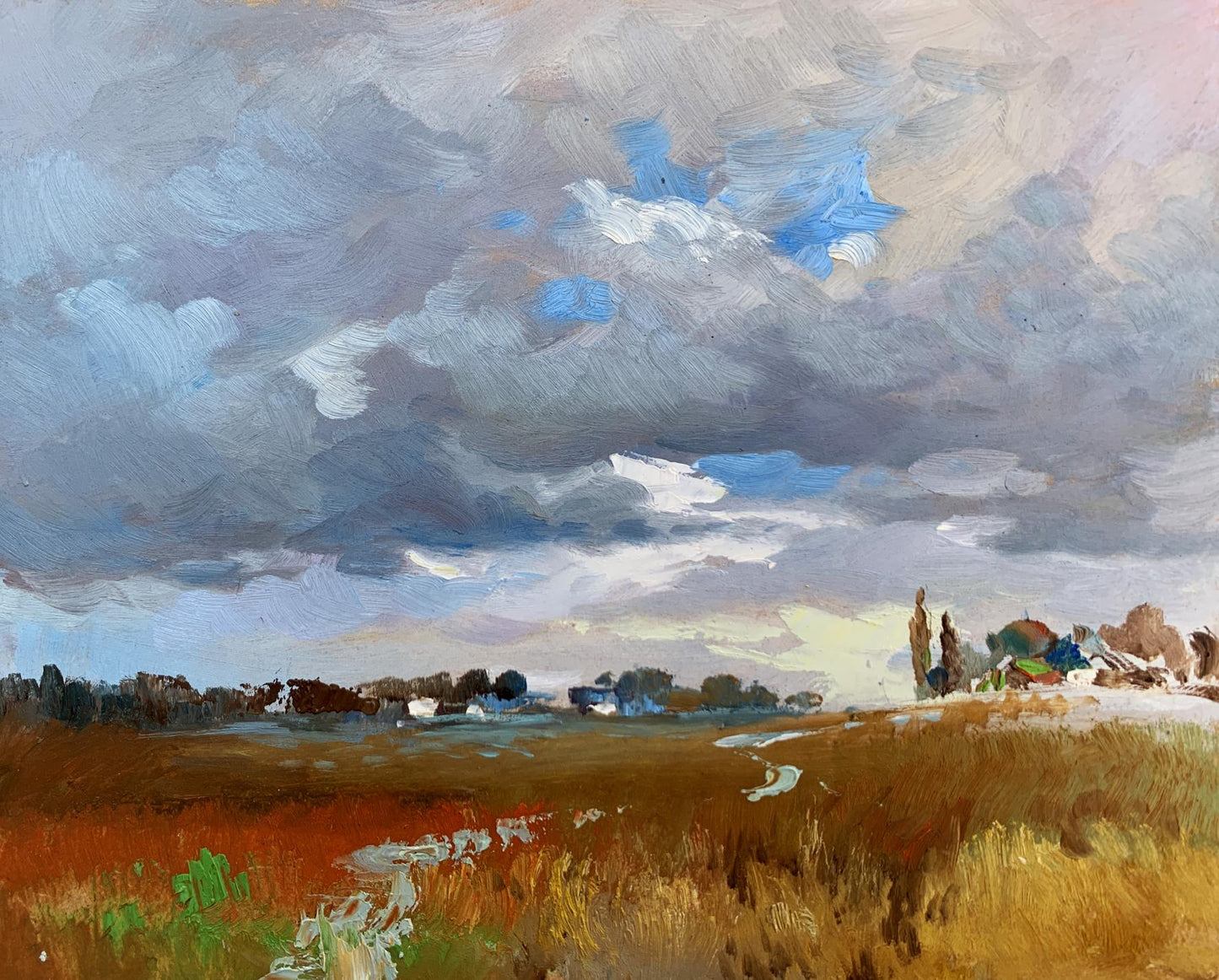 Oil painting Not far from the village by Yuriy Suprunchuk golden field dramatic sky