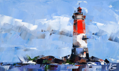 Oil painting of vibrant red white striped Lighthouse Pierres Noires by Volodymyr Gluhomanyuk