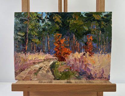 Vibrant impressionist oil painting Road into Silence by Boris Serdyuk, autumn forest path