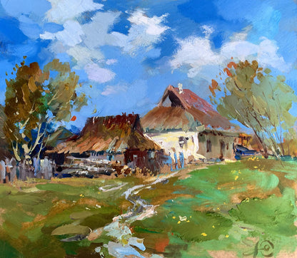 Oil painting of rustic thatched farmhouse by Yuriy Suprunchuk