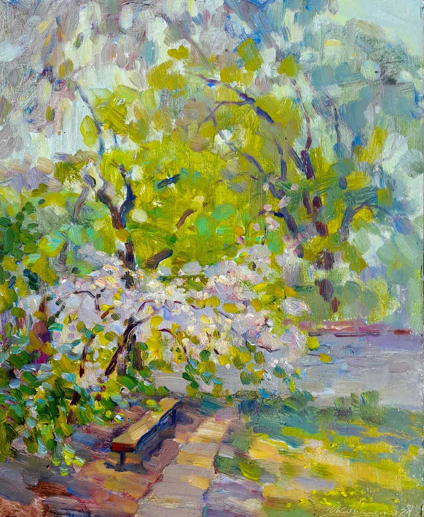 Painting of gatherings in the garden by Oi Ivan Kovalenko, wooden bench under blooming trees