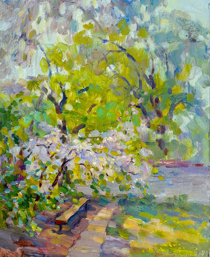Painting of gatherings in the garden by Oi Ivan Kovalenko, wooden bench under blooming trees
