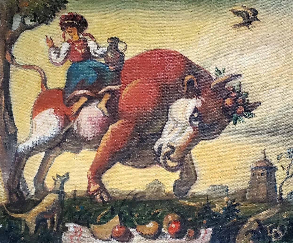 Oil painting To the fair by Daniil Litvinov: woman on red bull