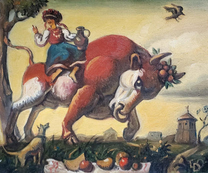 Oil painting To the fair by Daniil Litvinov: woman on red bull