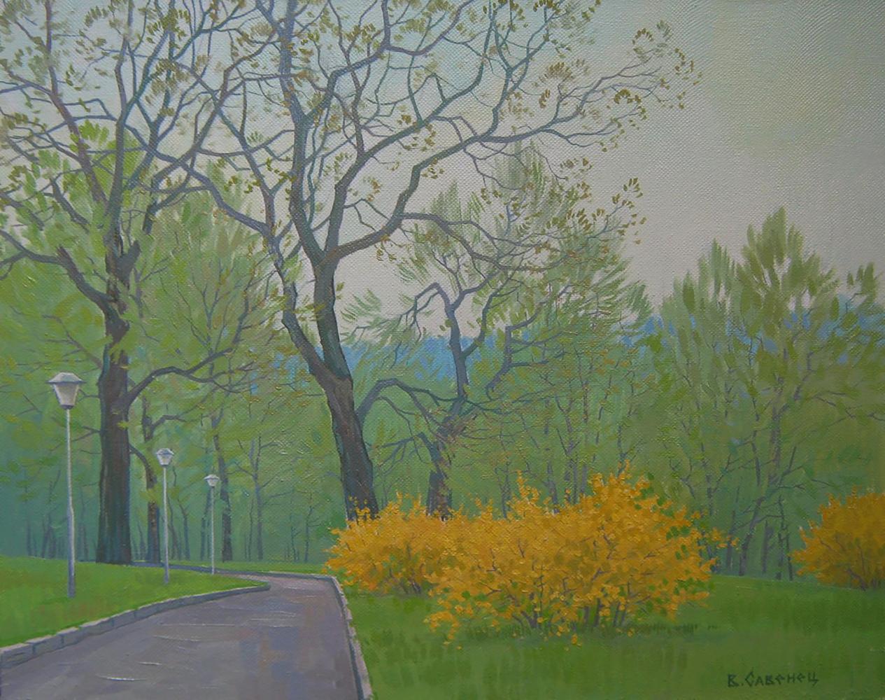 Serene Spring City Park oil painting by Valery Savenets, winding path with trees