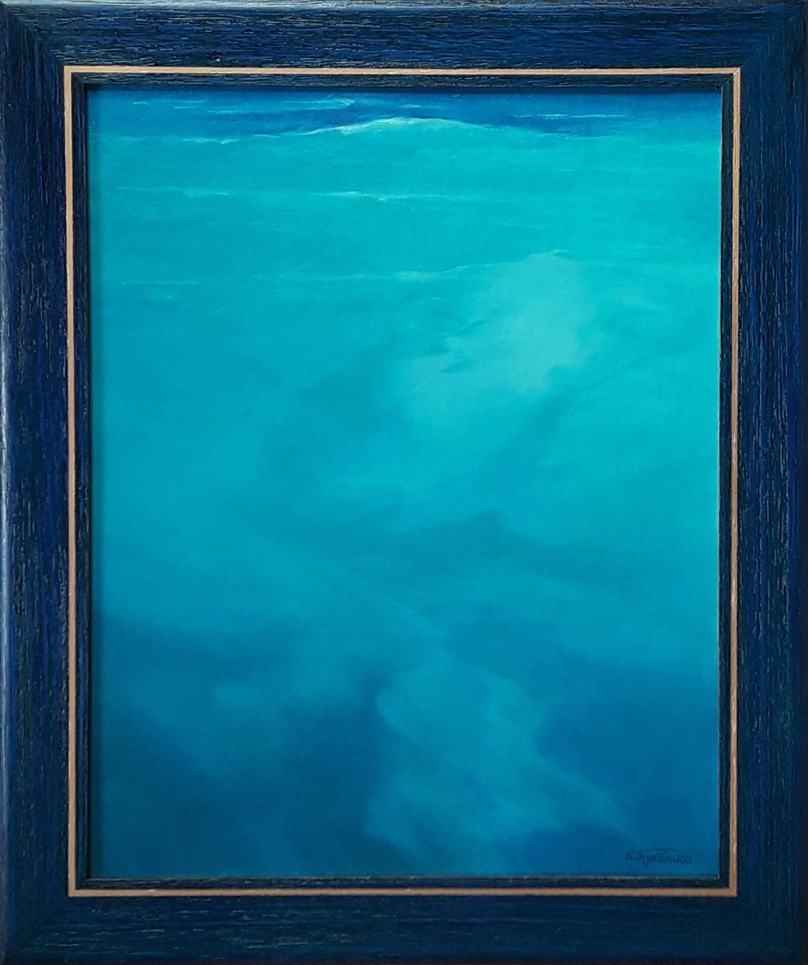 Framed oil painting The Silence of the Seabed by Vasily Korkishko, blue underwater abstract