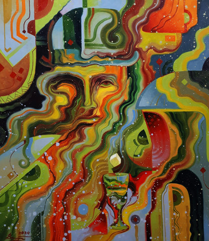 Vibrant Absinthe Man oil painting by Sergiy Voichenko, stylized psychedelic face