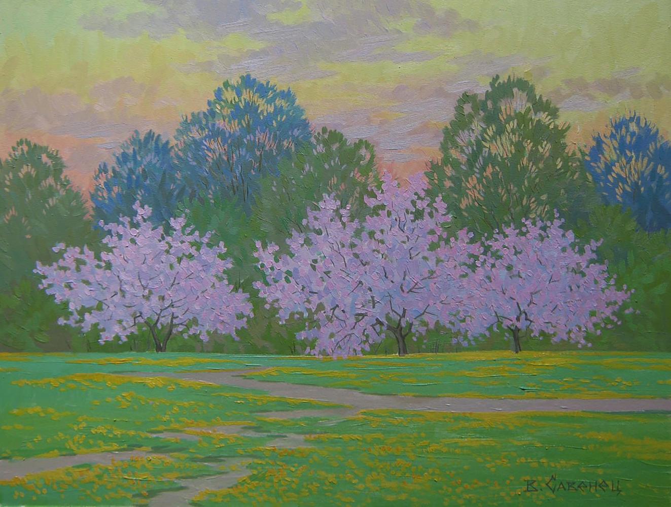 Oil painting Nature of spring by Valery Savenets: pink cherry trees, pastel sky