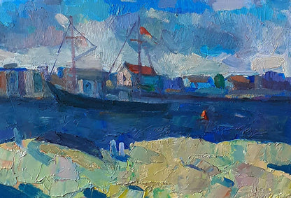 Oil painting by Pavel Dobrev: ship with red sails near colorful buildings