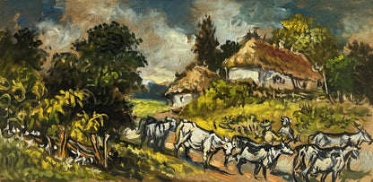 Oil painting by Alexander Litvinov: rustic thatched cottage, village cows, hills