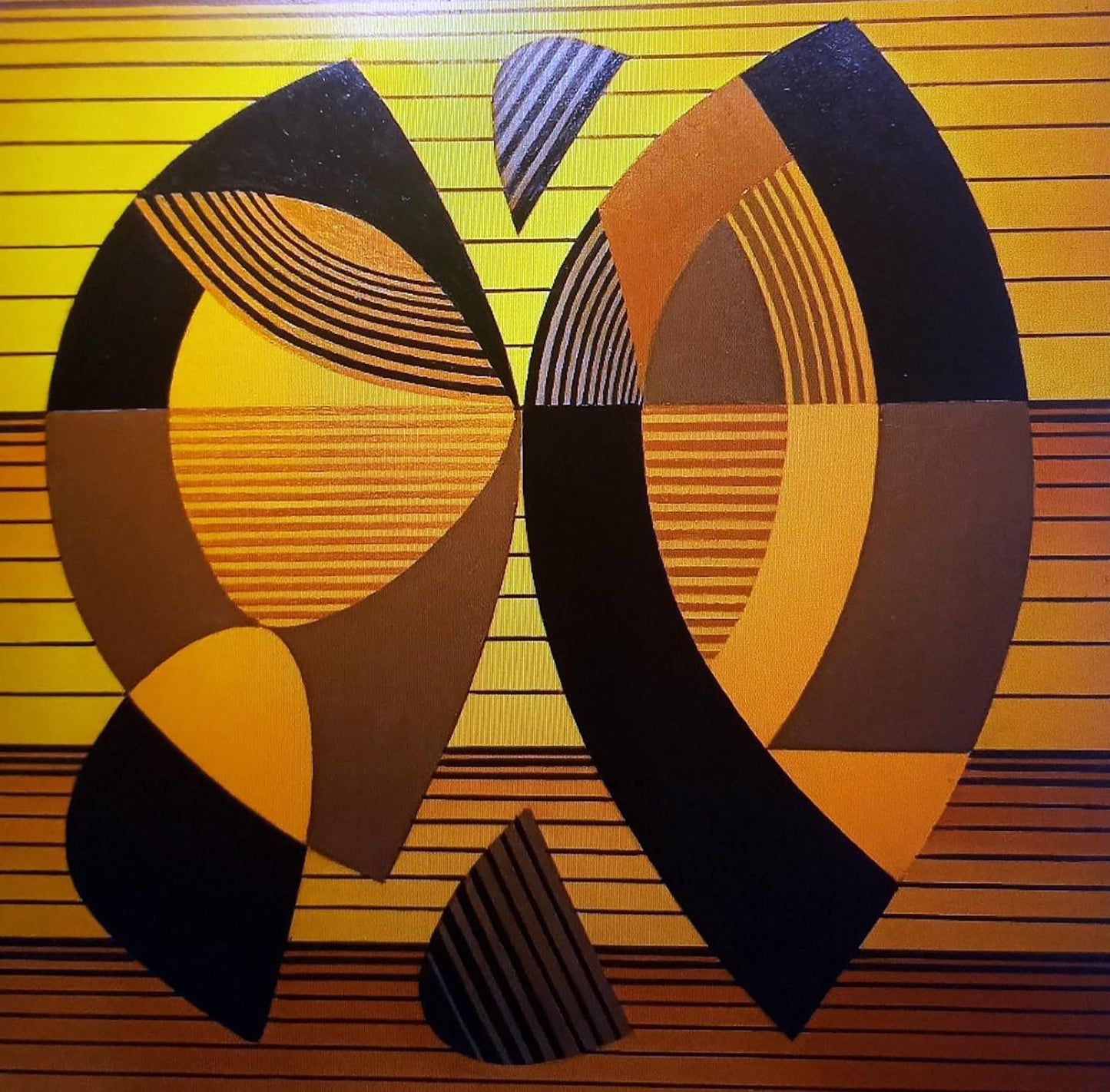 Oil painting Resonance of Shapes by Alexander Strashevich, abstract geometric black orange yellow stripes