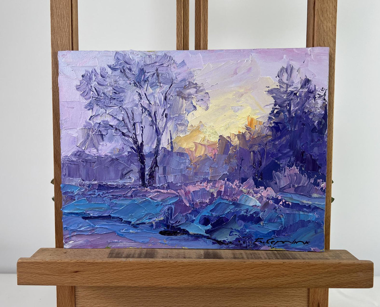 Oil painting Winter weaves snowy silence by Boris Serdyuk, purple blue landscape sunset