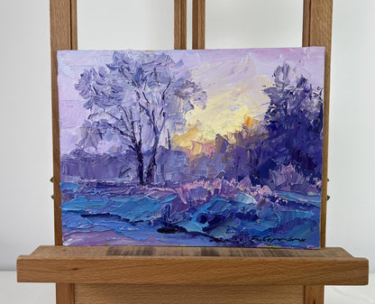Oil painting Winter weaves snowy silence by Boris Serdyuk, purple blue landscape sunset
