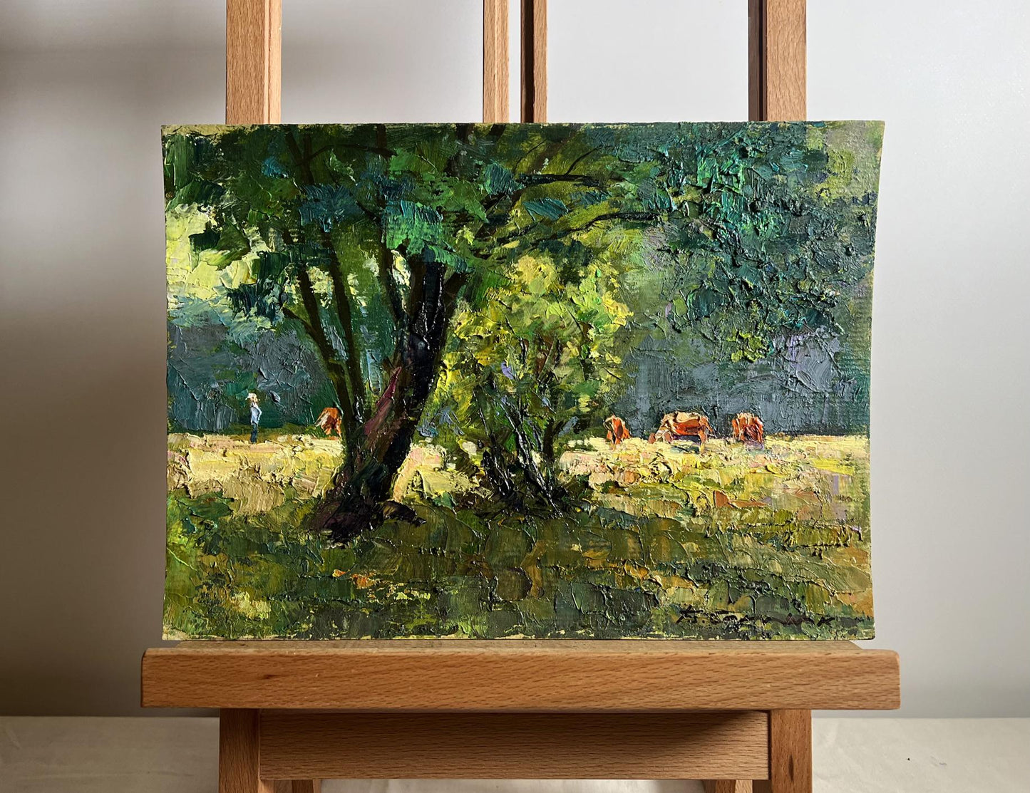 Oil painting Walking the cows by Boris Serdyuk, pastoral scene with cows and trees